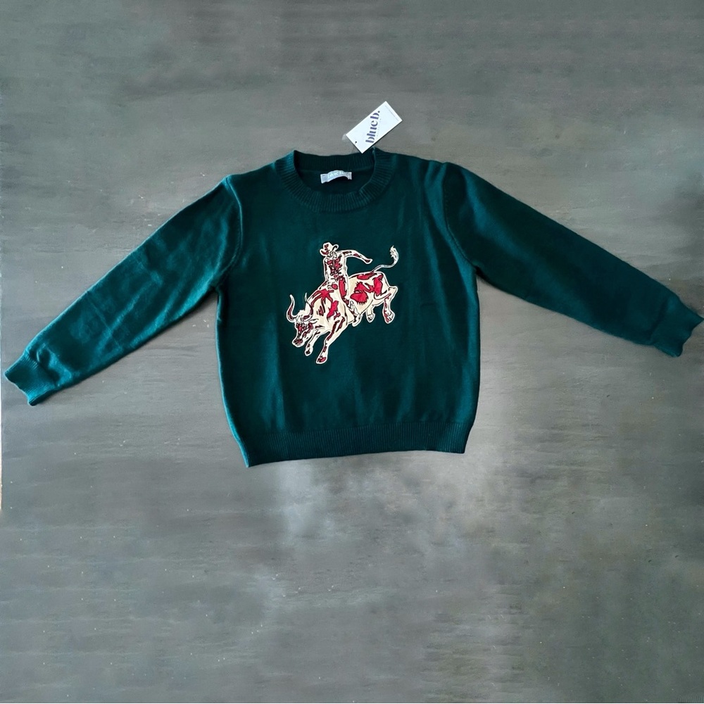 NEW Blue b Forest Green Embroidered Rodeo Horse Bucking Western Comfy Sweater S - Picture 4 of 6